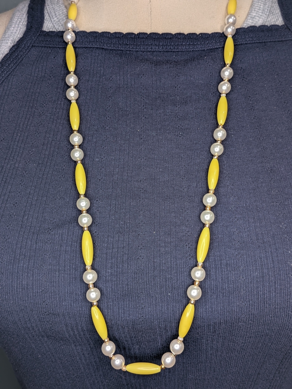 Vintage Retro Yellow Plastic Bead Faux Pearl Long Strand Necklace Continuous